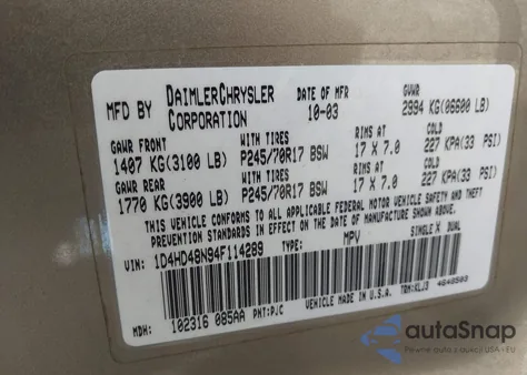 2004 Dodge Durango Slt from USA, damaged, VIN 1D4HD48N94F114289